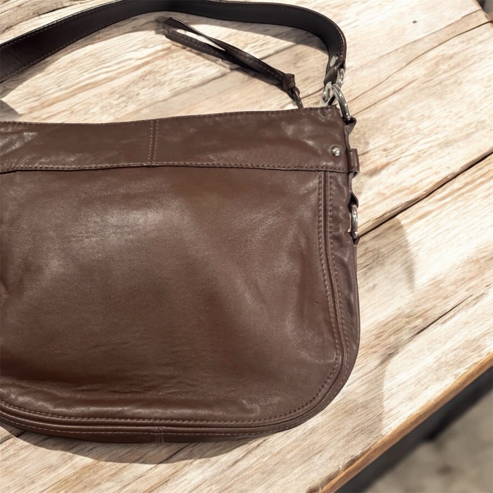 Coach Dark Brown Leather Shoulder Bag with Scarf Accent NWOT - Picture 4 of 13